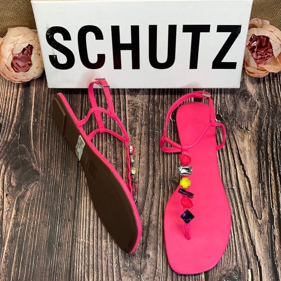 SCHUTZ Shoes - Schutz Neon Pink Eryl Embellished Thong Sandals 9B